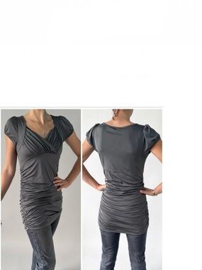 Y2K Ruched Stretch Neutral Grey Long Jersey Top | Feminine Touch  Day to Evening